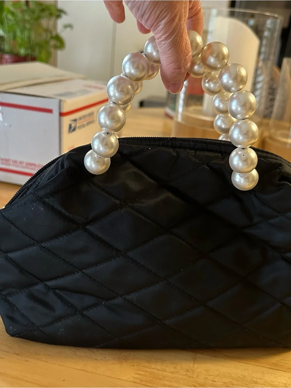 Black Quilted Pearl-Handle Top Zip Women’s Bag